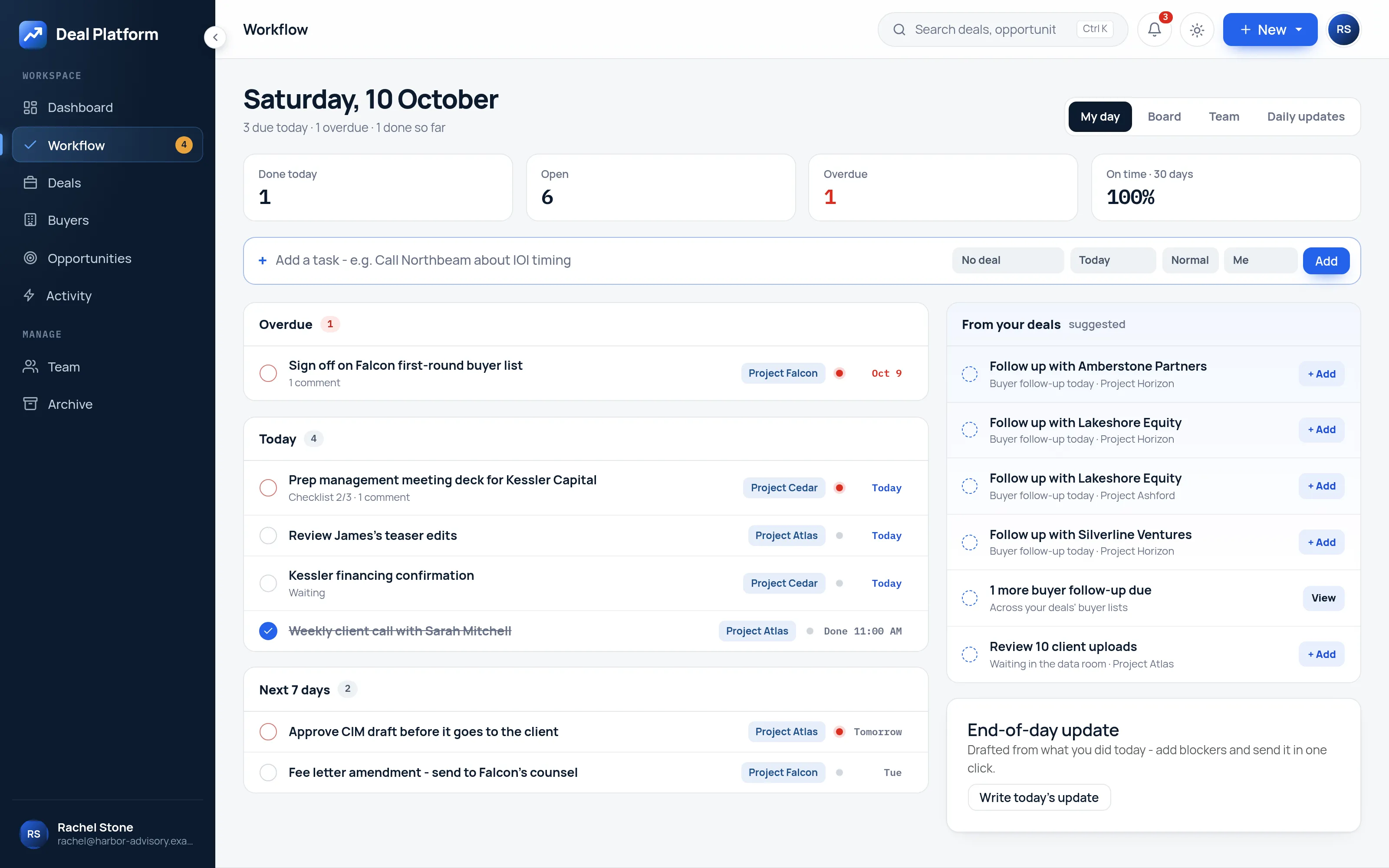 Deal team workflow with tasks due today across mandates